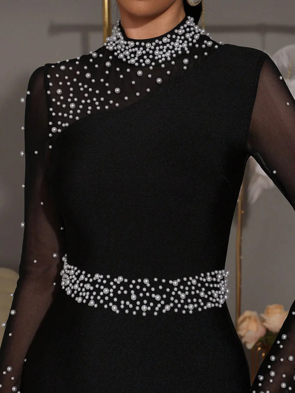 2025 Sexy Women Light Luxury Nail Bead Patchwork Bandage Dress Stand Collar Long Sleeved Bodycon Black Long Dress Party Vestidos