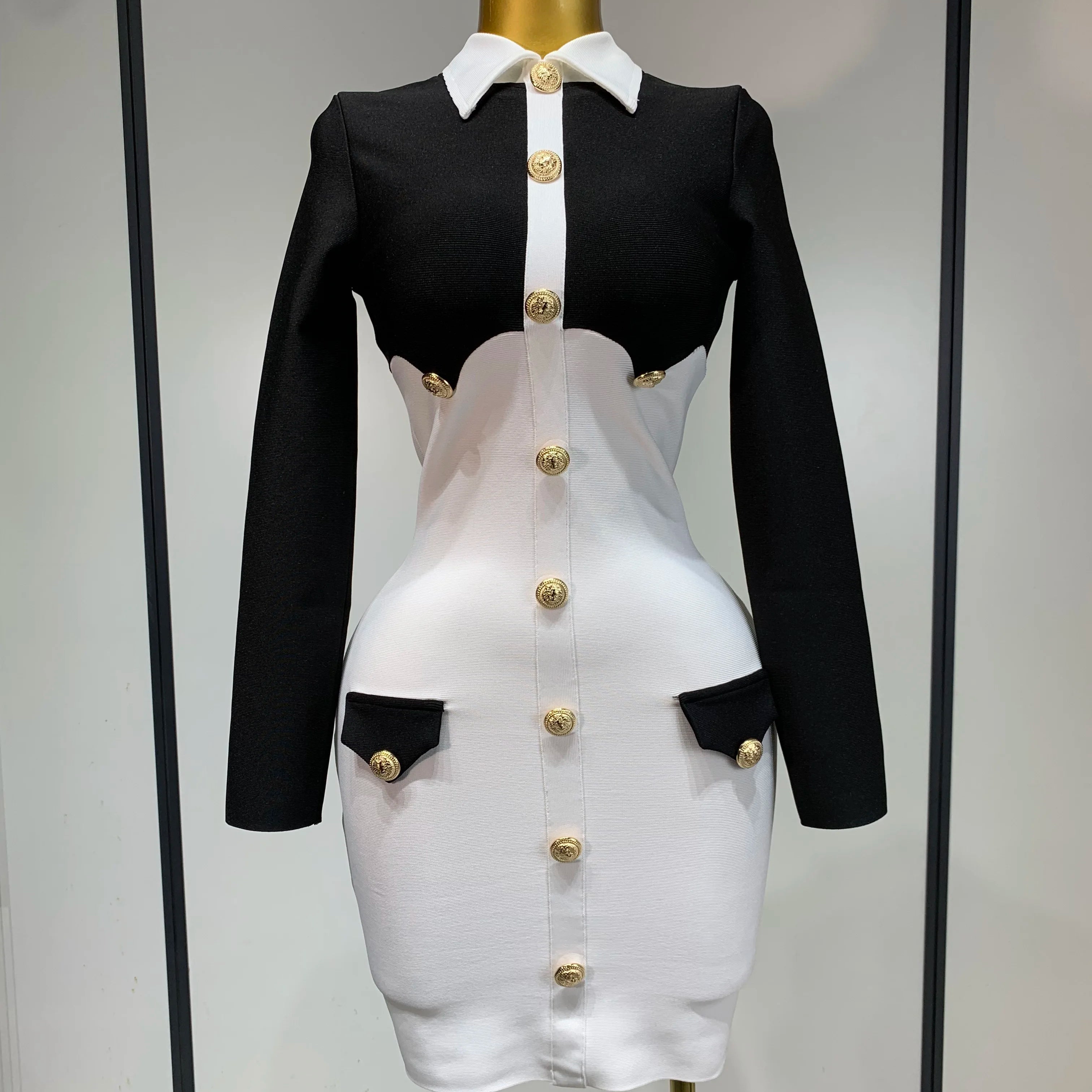 Women Long Sleeve Elastic Bodycon Short Bandage Dress 2025 High Street Office Lady Formal Elegant Business Club Party Dresses black