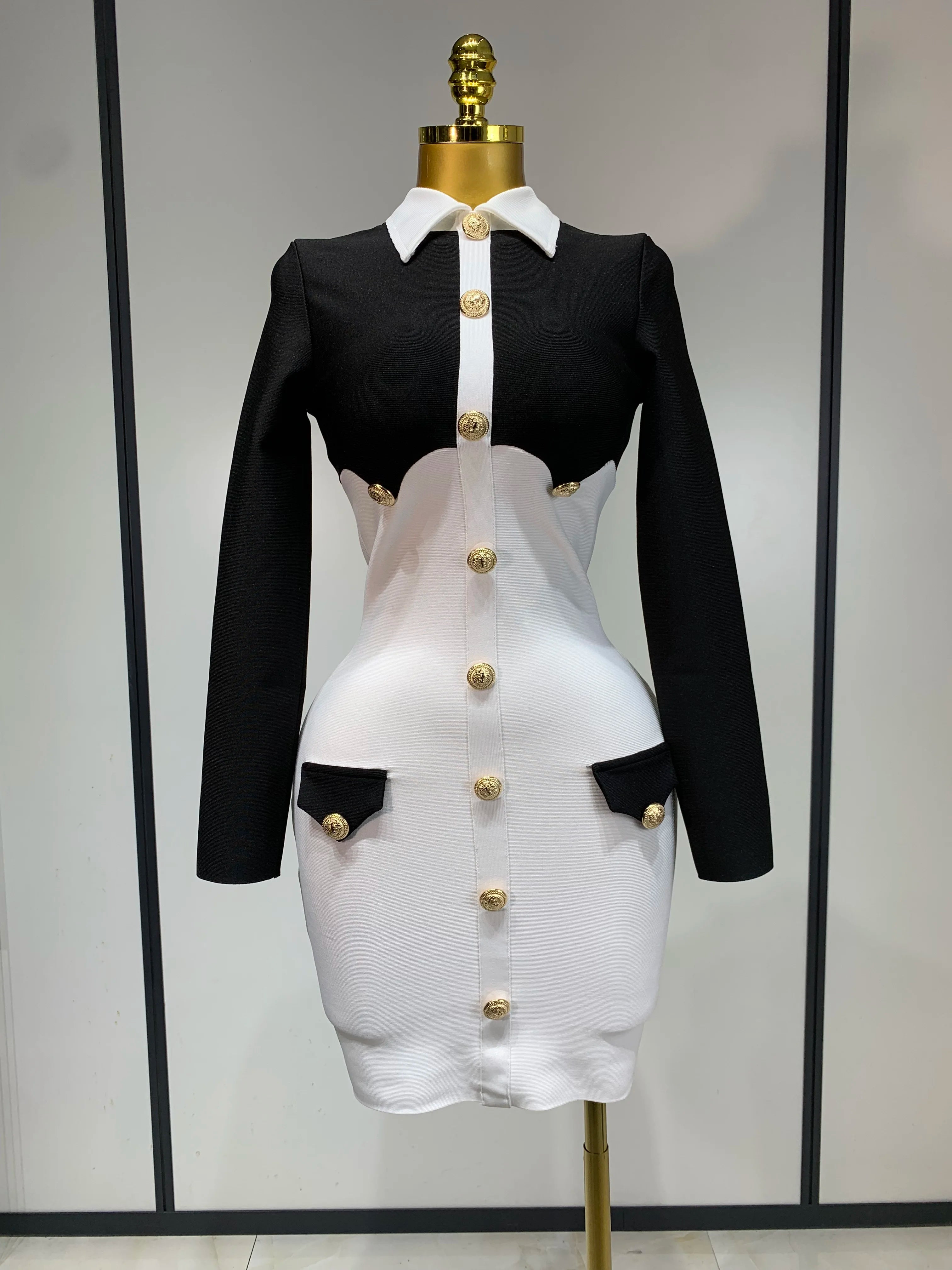 Women Long Sleeve Elastic Bodycon Short Bandage Dress 2025 High Street Office Lady Formal Elegant Business Club Party Dresses black