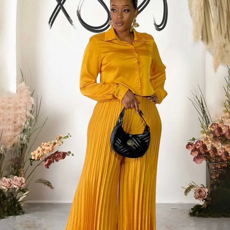2 Piece Sets Women Outfit Luxury Elegant Autumn Long Sleeve Button Top and Pleated Pants Set Casual Ladies Clothes Plus Size