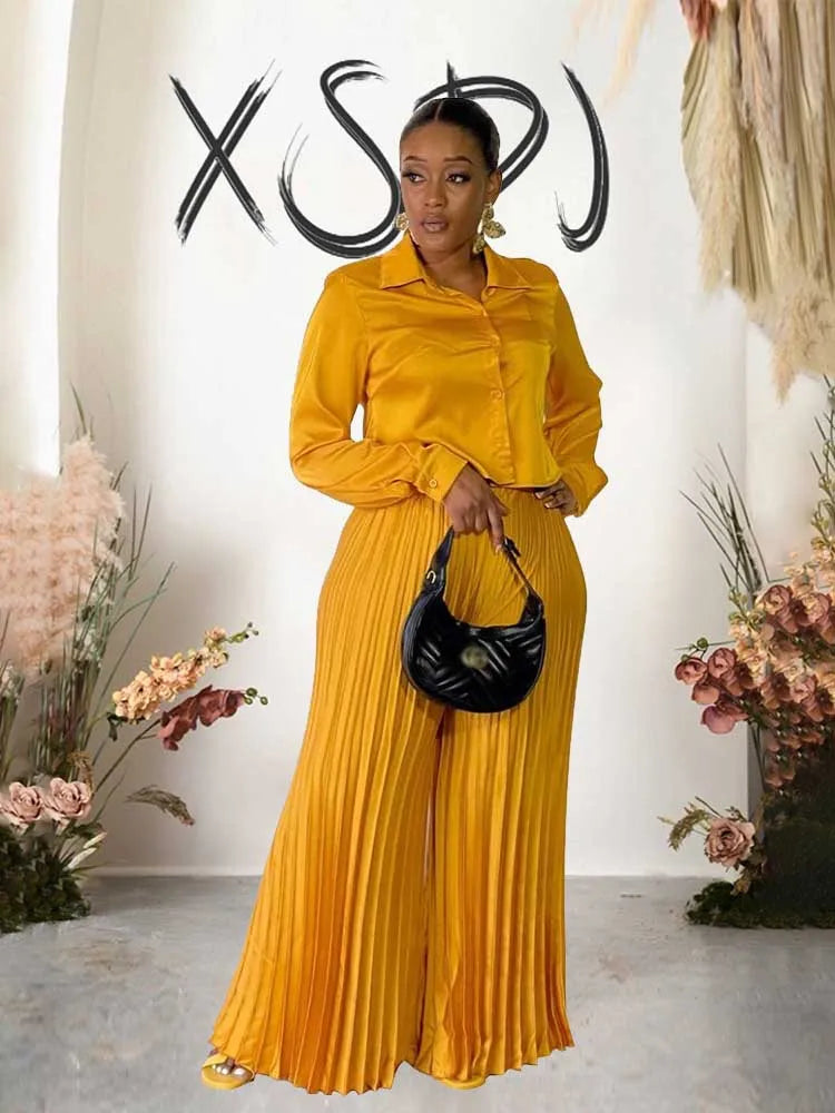 2 Piece Sets Women Outfit Luxury Elegant Autumn Long Sleeve Button Top and Pleated Pants Set Casual Ladies Clothes Plus Size
