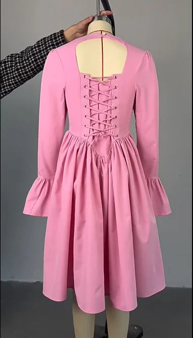 2025 Women O-neck Long Flare Sleeve Pleated Mini Midi Dress Backless Elegant Birthday Beach Night Party Vestidos Dresses