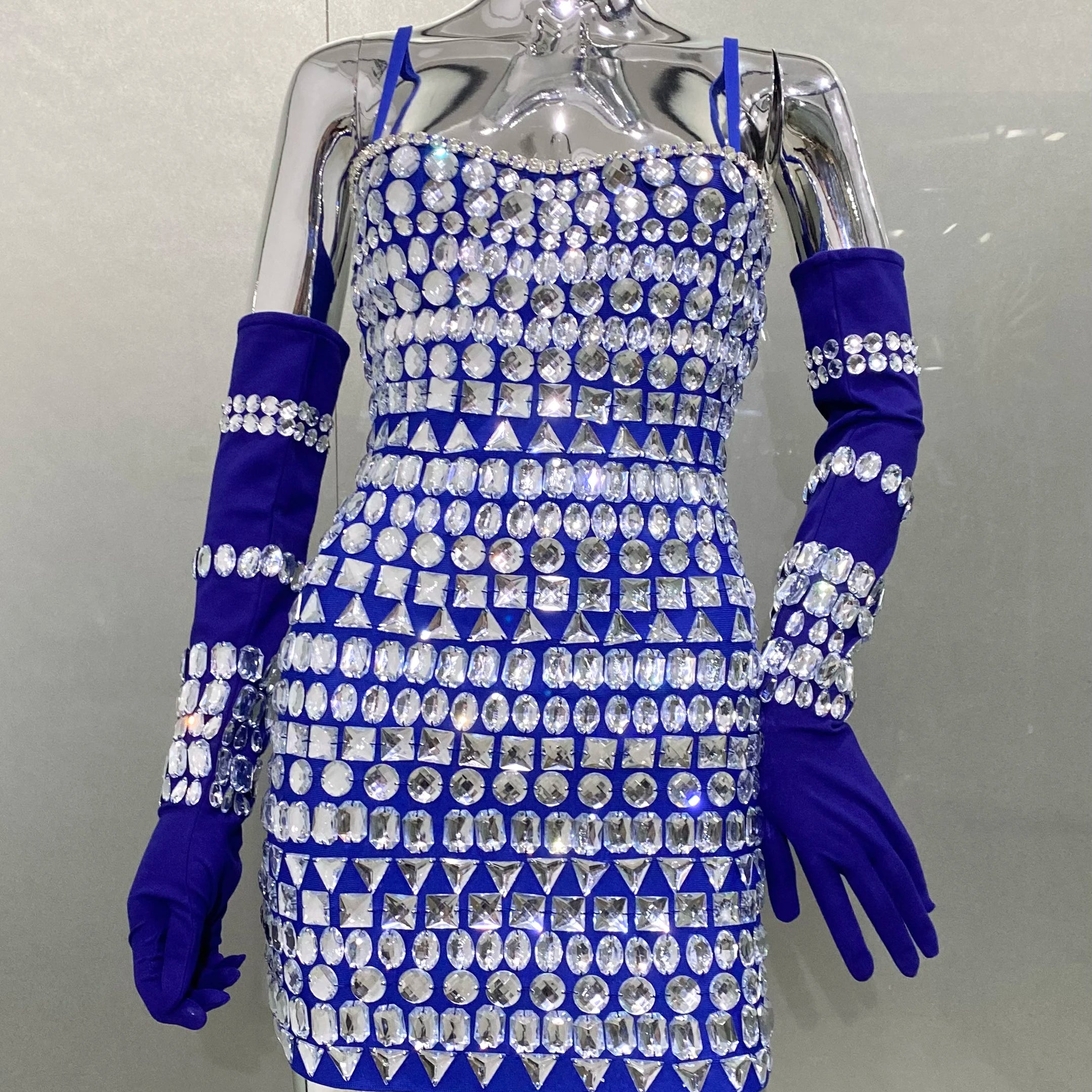 2024 New Fashion Women Sleeveless Sexy Strap Big Crystal Bodycon Mini Dress With Gloves Bandage Fashion Birthday Party Dress Blue