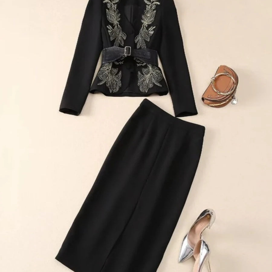 Solid Spliced Appliques Two Piece Sets for Women V Neck Long Sleeve Top High Waist Split Skirts Elegant Set Female