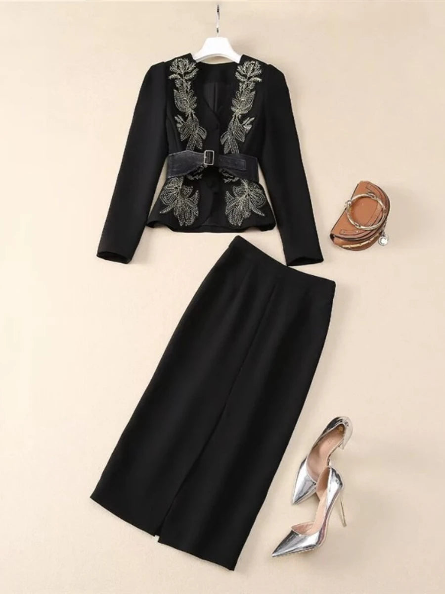 Solid Spliced Appliques Two Piece Sets for Women V Neck Long Sleeve Top High Waist Split Skirts Elegant Set Female