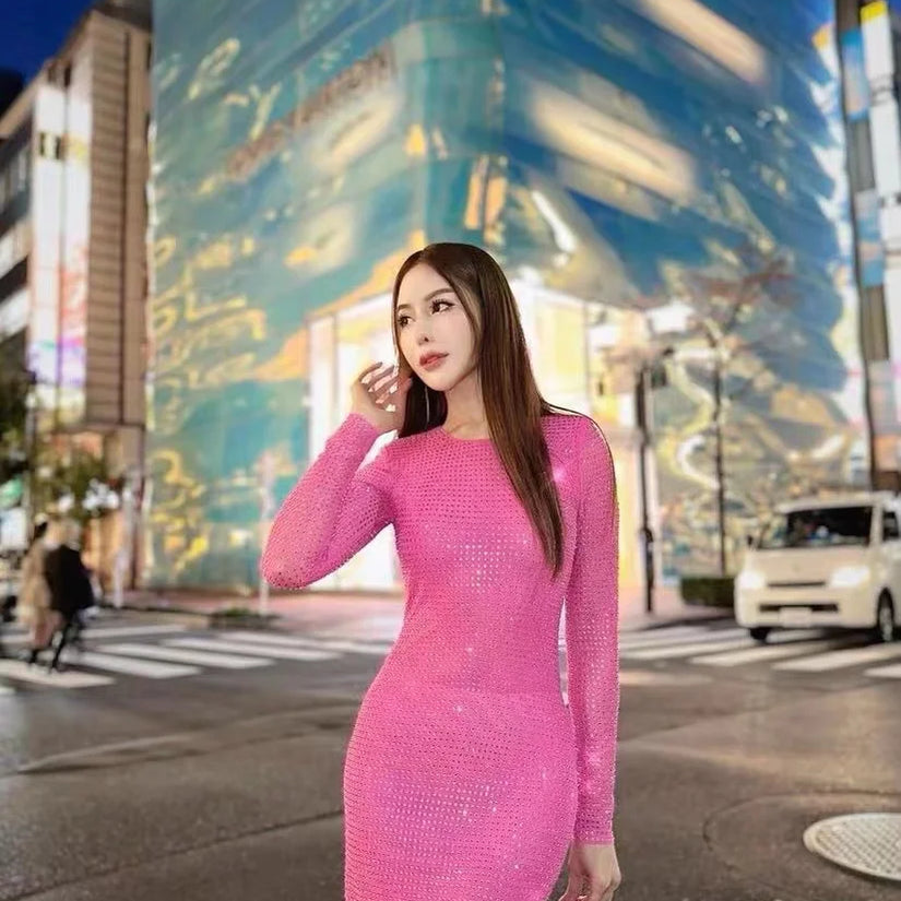 2023 Long Sleeve Diamond Mesh See Through Sexy Bodycon Long Dress Celebrity Nightclub Party Dress Vestido Rose Red