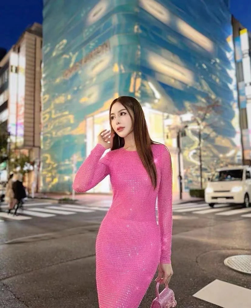 2023 Long Sleeve Diamond Mesh See Through Sexy Bodycon Long Dress Celebrity Nightclub Party Dress Vestido Rose Red