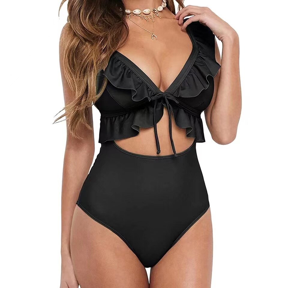 Sexy Ruffle One Piece Swimsuit - Plus Size Swimwear Female Monokini Bathers Bathing Suits Beachwear Swim Ladies Bikini Black