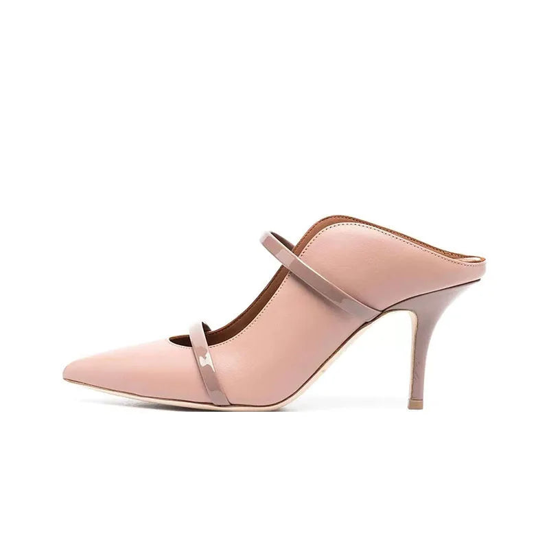 Silver Strappy Heeled Sandals Shallow Pointed Toe Heels Slip On Luxury Designer Shoes Sandalias De Mujer Zapatillas Summer 2025 pink