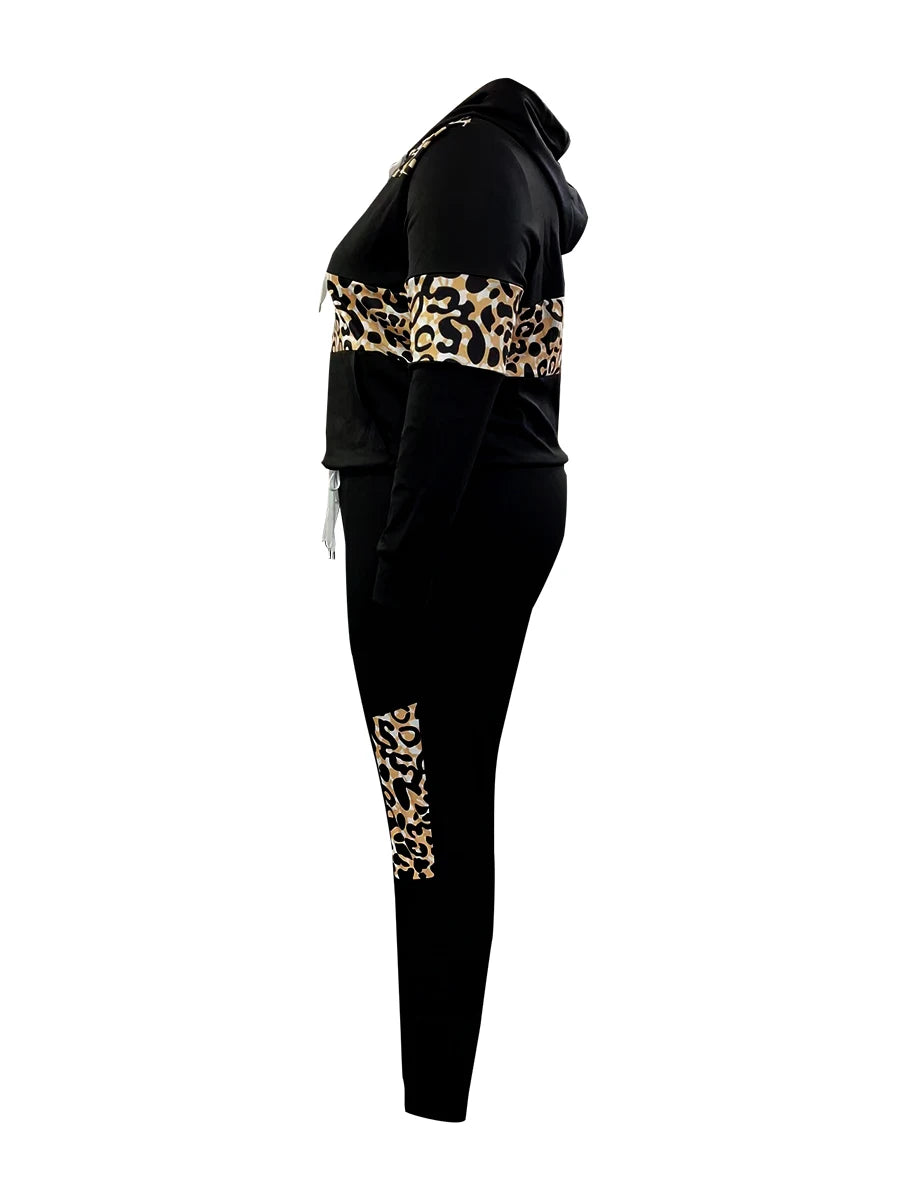 LW Plus Size Hooded Collar Leopard Print Tracksuit Set Drawstring Long Sleeve Hoodie & Pocket Design Pants Two-Pieces Set