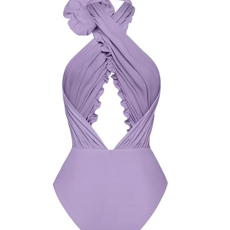 Sexy Brazilian Solid Halter Monokini - Swimsuit Floral Hollow Out Swimwear Women One Piece High Cut Push Up Bathing Suits