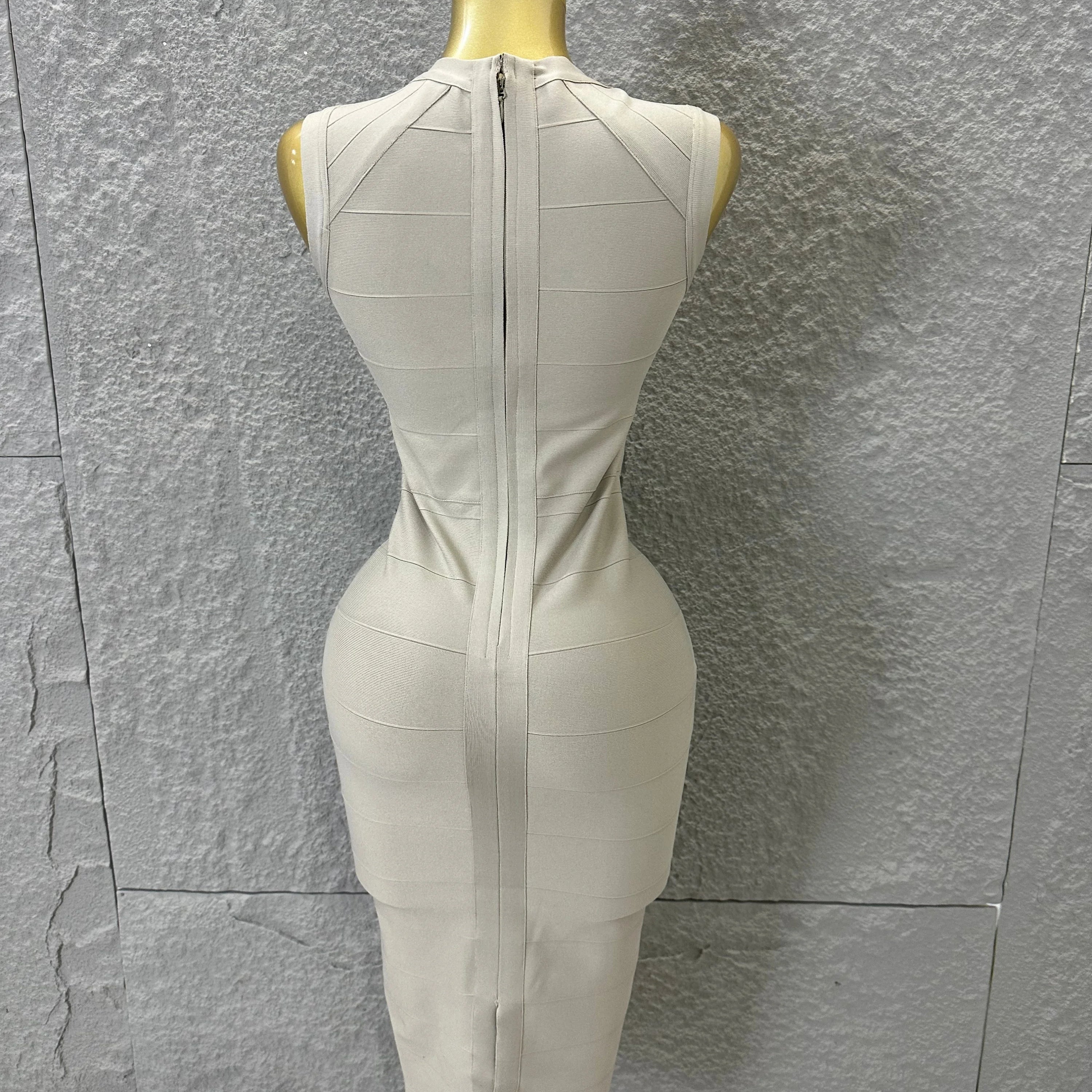 2026 Elegant Beige Bandage Midi Dress Women Sleeveless Deep V Neck Bodycon Cocktail Party Evening Gown Formal Event Wear