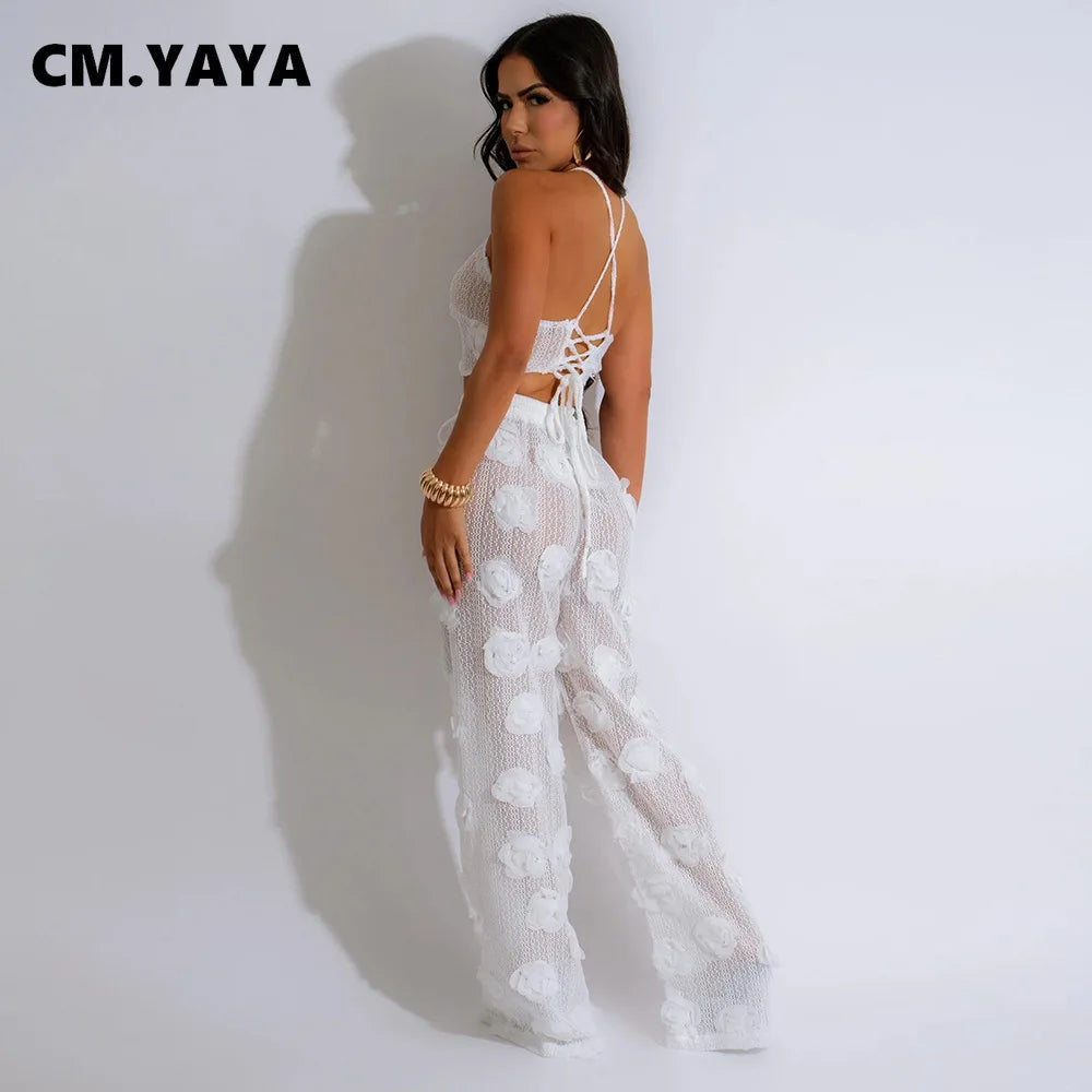 CM.YAYA Women Set 3D Flower Sleeveless Strap Tops +Wide Leg Pants Two 2 Piece Sets Outfit Perspective Summer Sexy Streetwear