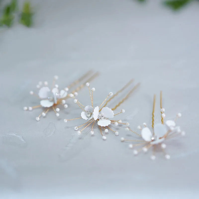 Fabric Floral Bridal Hair Pins Clips Gold Color Pearls Wedding Hair Pieces Women Accessories Handmade TY252