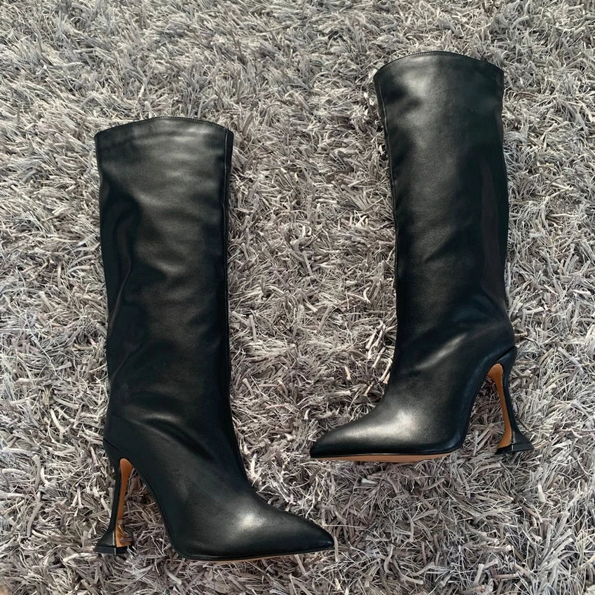 Women's Knee High Boots Pointed Toe Long High-heeled Boots Designer Luxury Brand Women's Leather Boots