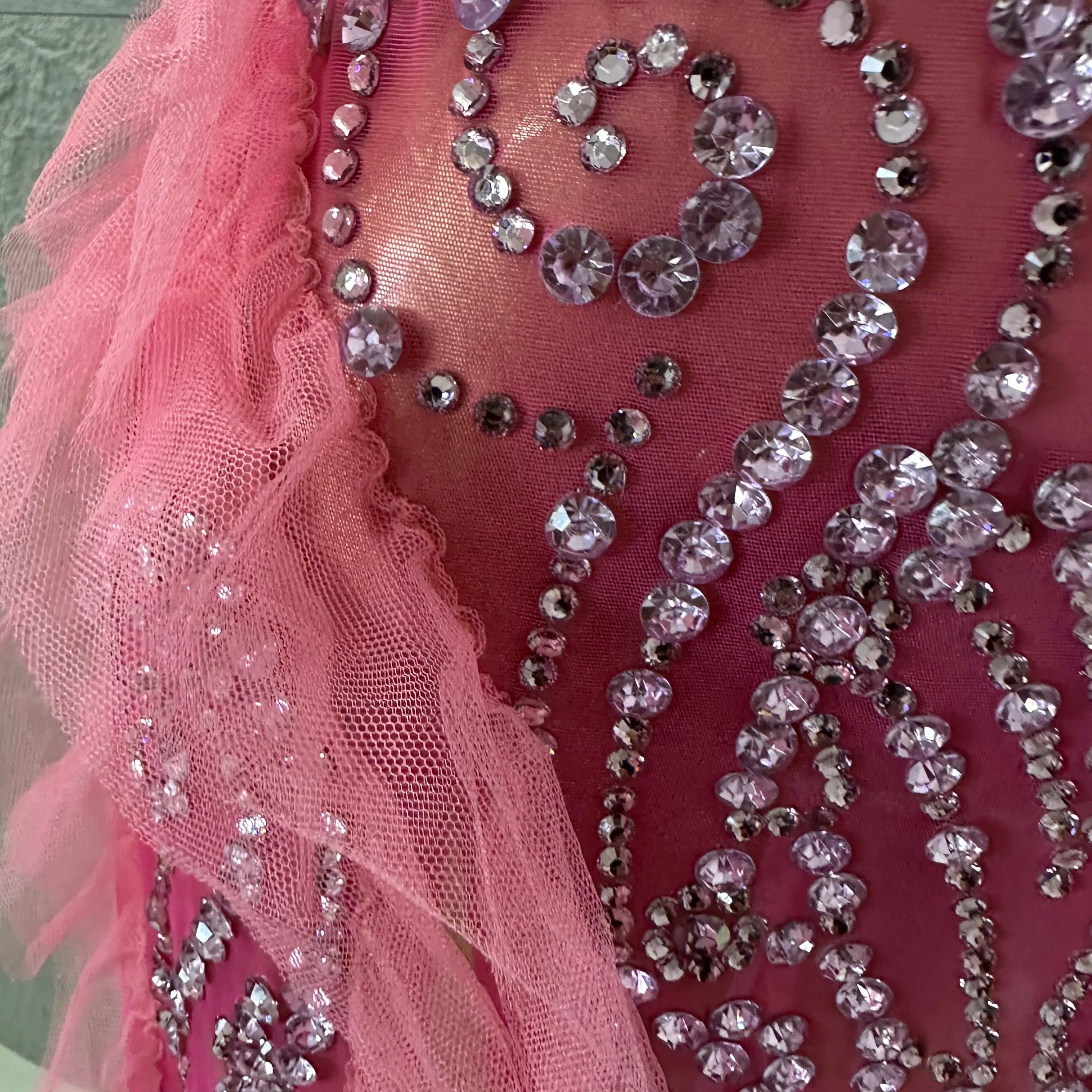 Women Sheer Mesh Rhinestone Ruffle Embellished Latin Dance Performance Costume Elegant Pink Spaghetti Strap Mini Dress