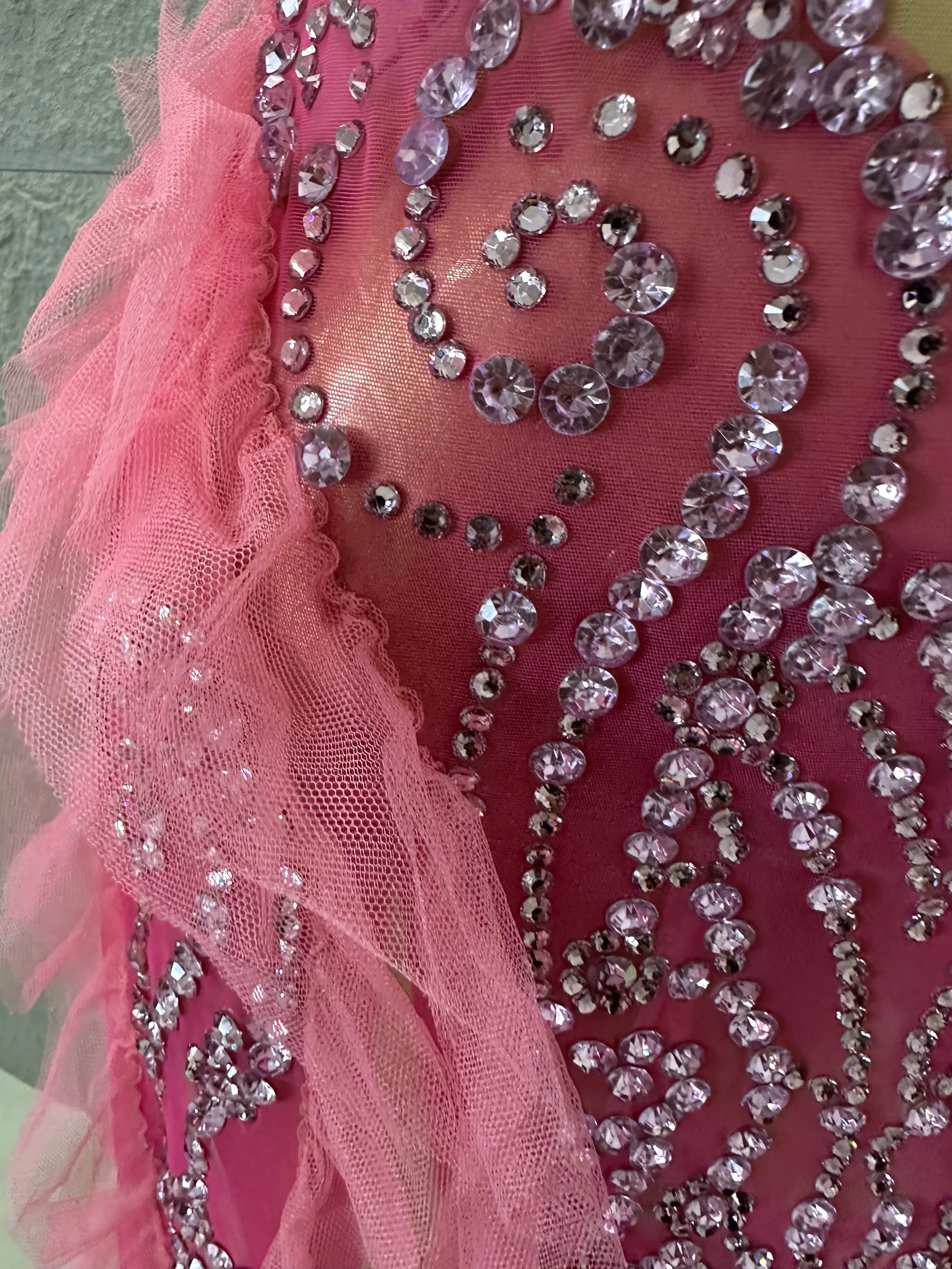 Women Sheer Mesh Rhinestone Ruffle Embellished Latin Dance Performance Costume Elegant Pink Spaghetti Strap Mini Dress