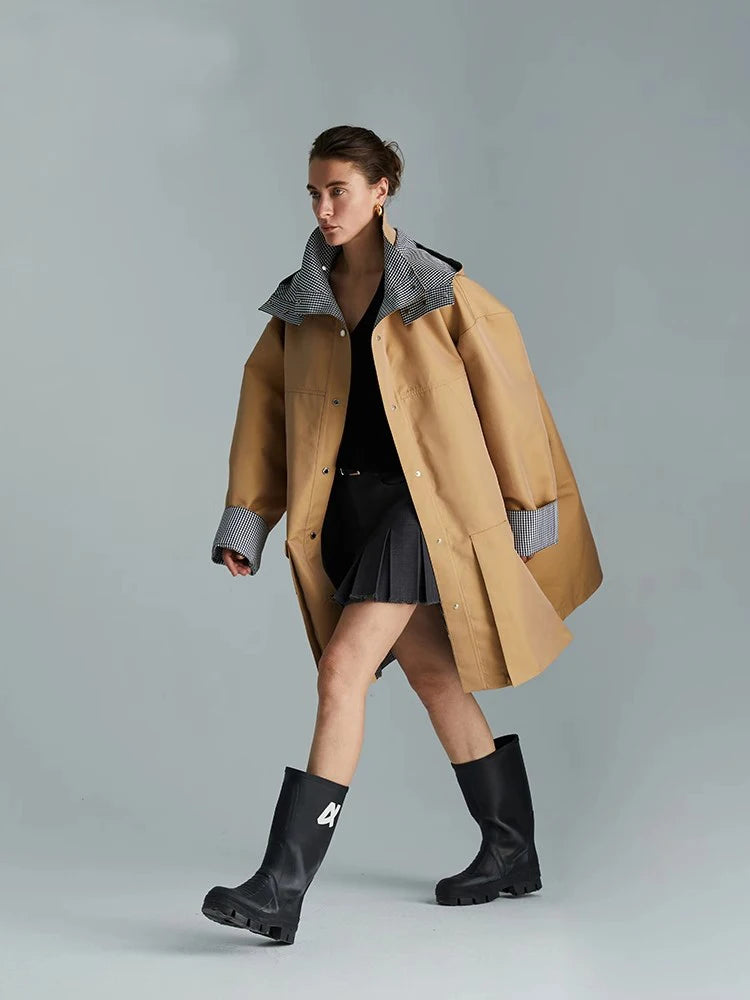 Lautaro Spring Autumn Cool Oversized Waterproof Khaki Patchwork Checkerboard Trench Coat for Women with Detachable Hood Fashion