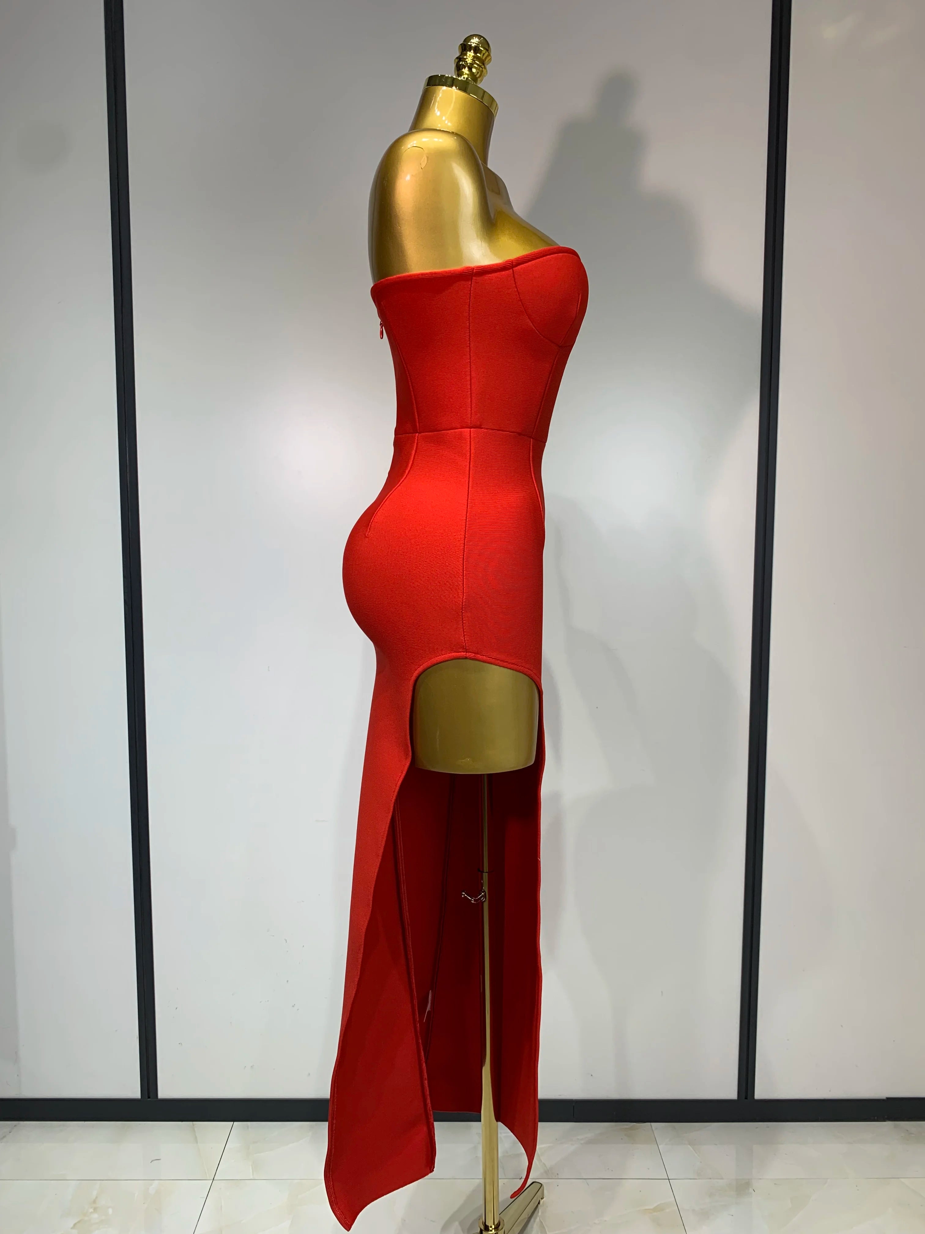 Sexy Red Strapless High Split Long Bandage Dress Luxury Birthday Dress Women Backless Bodycon Dresses Elegant Evening Party Gown