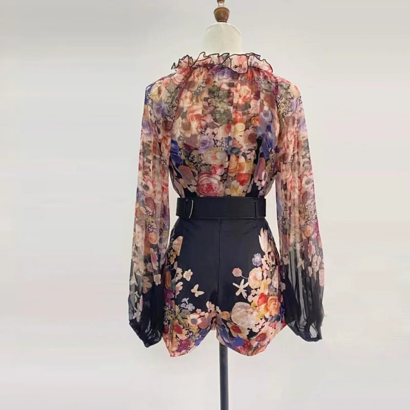 Real Shot Spot Australia New Positioning Printing Top Three-Dimensional Flower Lace-up Top + Wide Leg Shorts Suit Women