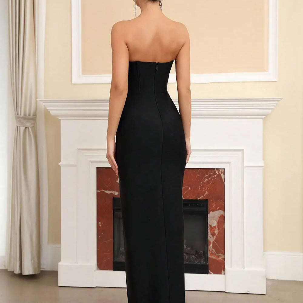 2024 Sexy Women'S Light Luxury Rhinestone Bandage Dress Strapless Sleeveless Bodycon Split Length Dress Christmas Party Vestidos