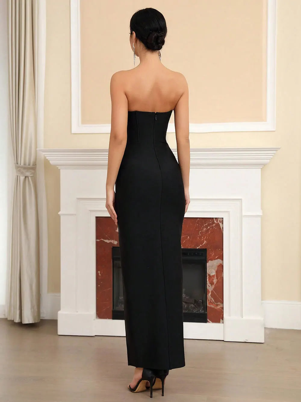 2024 Sexy Women'S Light Luxury Rhinestone Bandage Dress Strapless Sleeveless Bodycon Split Length Dress Christmas Party Vestidos