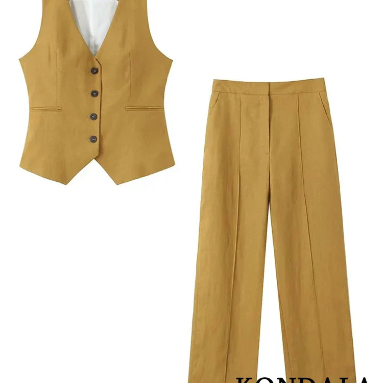 KONDALA Office Lady Linen Brown Suits Women V Neck Single Buttons Vest Blazer+High Waist Wide Leg Pants Fashion Summer Sets