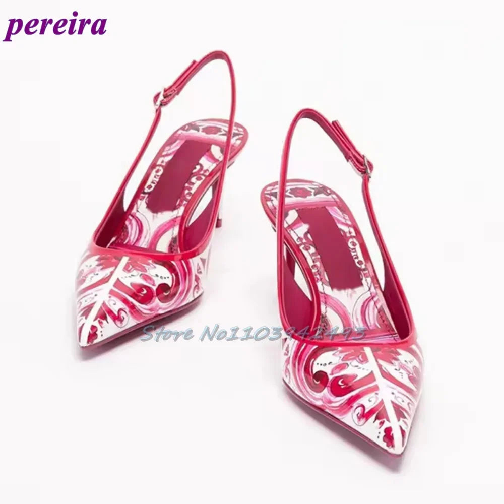 Red Mixed Color Sandals Women Luxury Designer Pointed Toe High Heels 6CM Back Strap Lambskin Buckle Strap Summer Prints Shoes as picture