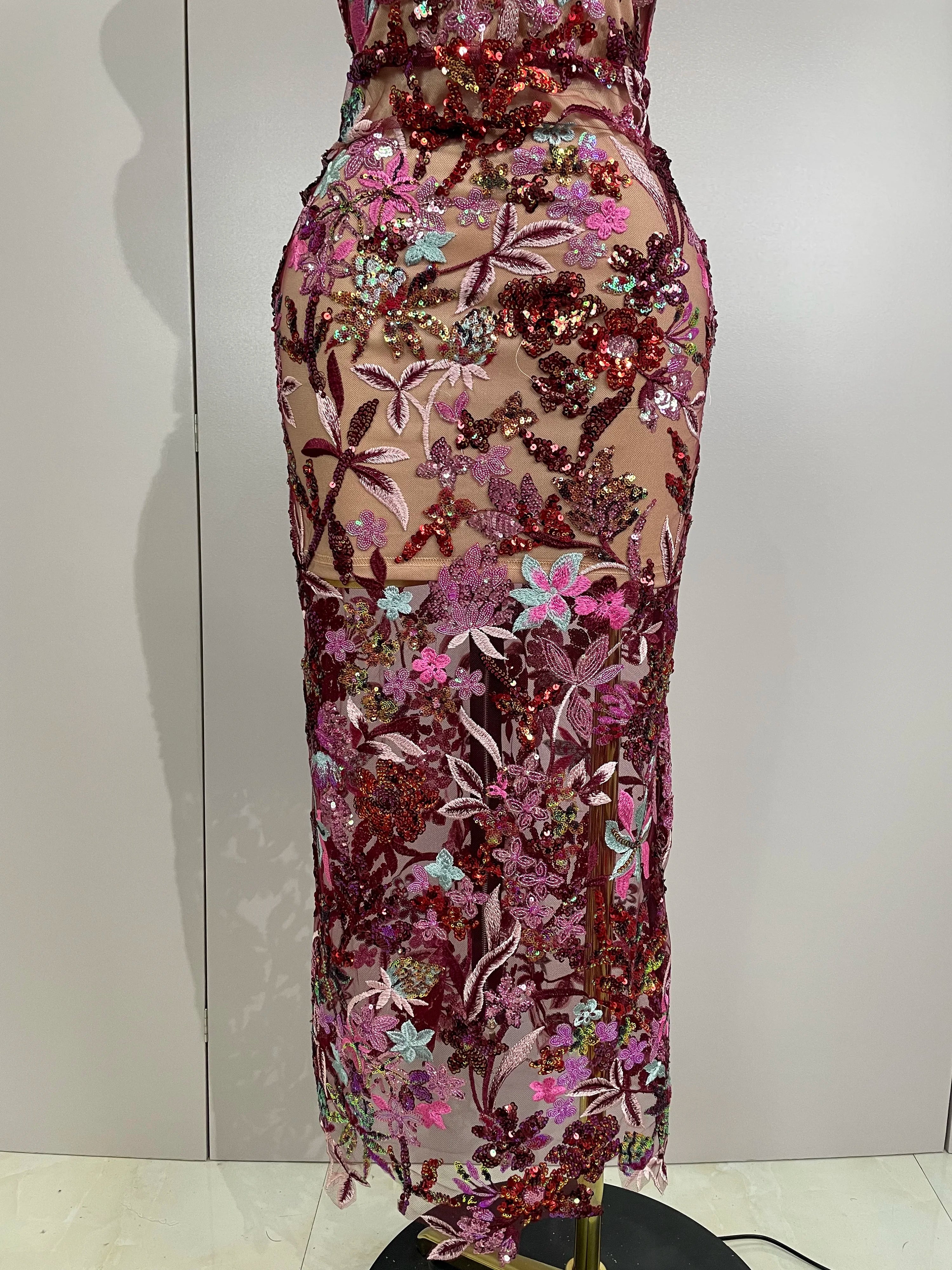 Sexy Strapless Floral Sequin Long Dress 2025 New Women Sequins Flower Backless Long Slim Dress Evening Party Runway Gown Dress