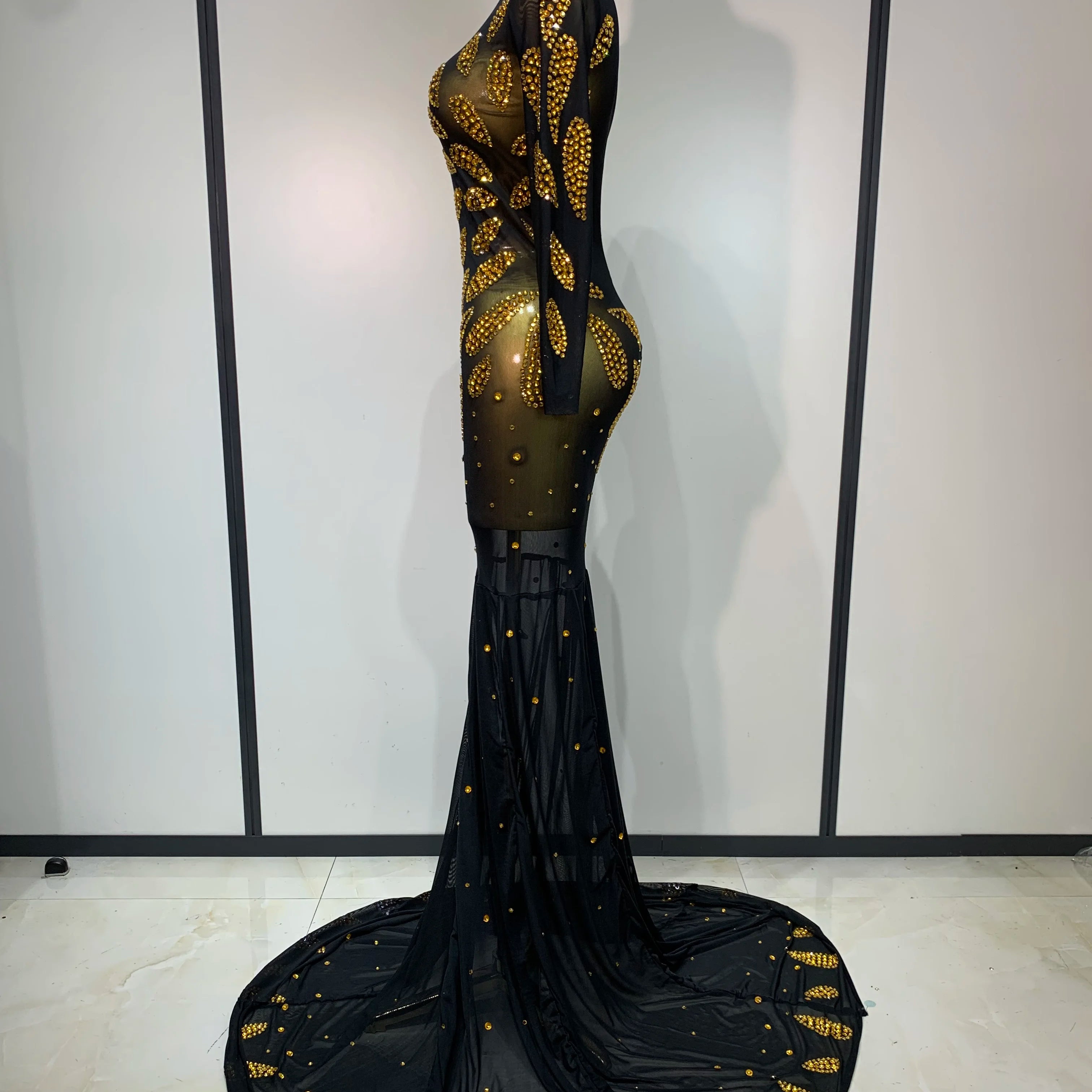 Stage Perform Dress Sexy Mesh Transparent Maxi Long Dress Nightclub Outfit Singer Dance Costume Elegant Party Dress