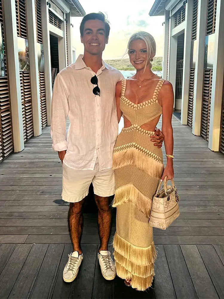 Women Chic Tassel Spaghetti Strap Long Dress Sexy Hollow Out High Waist Bodycon Vestidos Female Vacation Beach Party Robe khaki