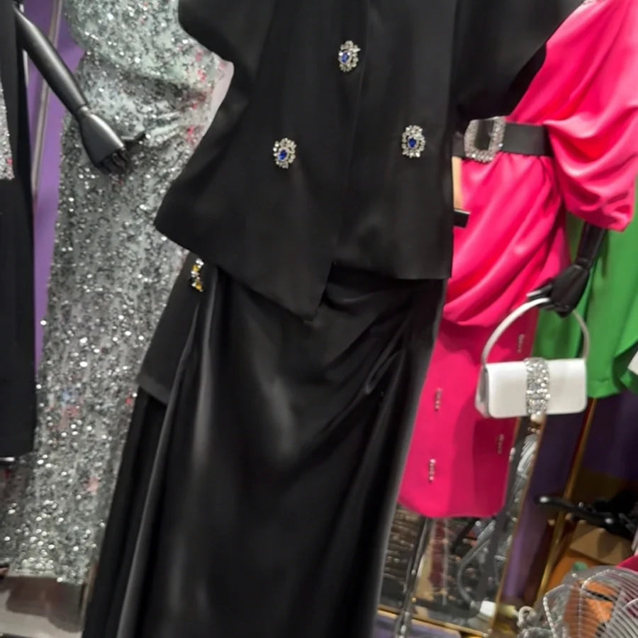 Slimming Elegant Two Piece Sets for Women V Neck Short Sleeves Patchwork Bead Top High Waist Long Skirt Set Female BLACK