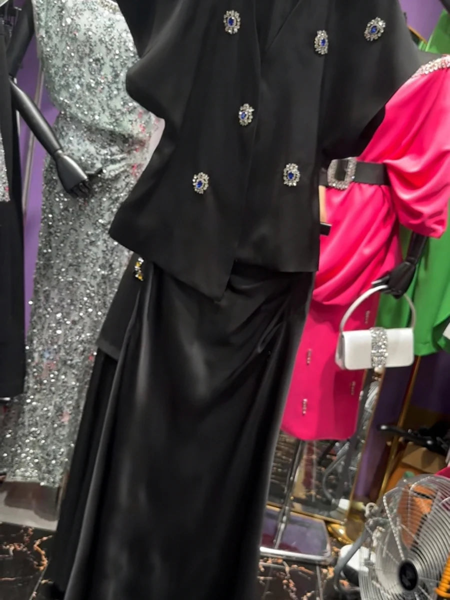 Slimming Elegant Two Piece Sets for Women V Neck Short Sleeves Patchwork Bead Top High Waist Long Skirt Set Female BLACK