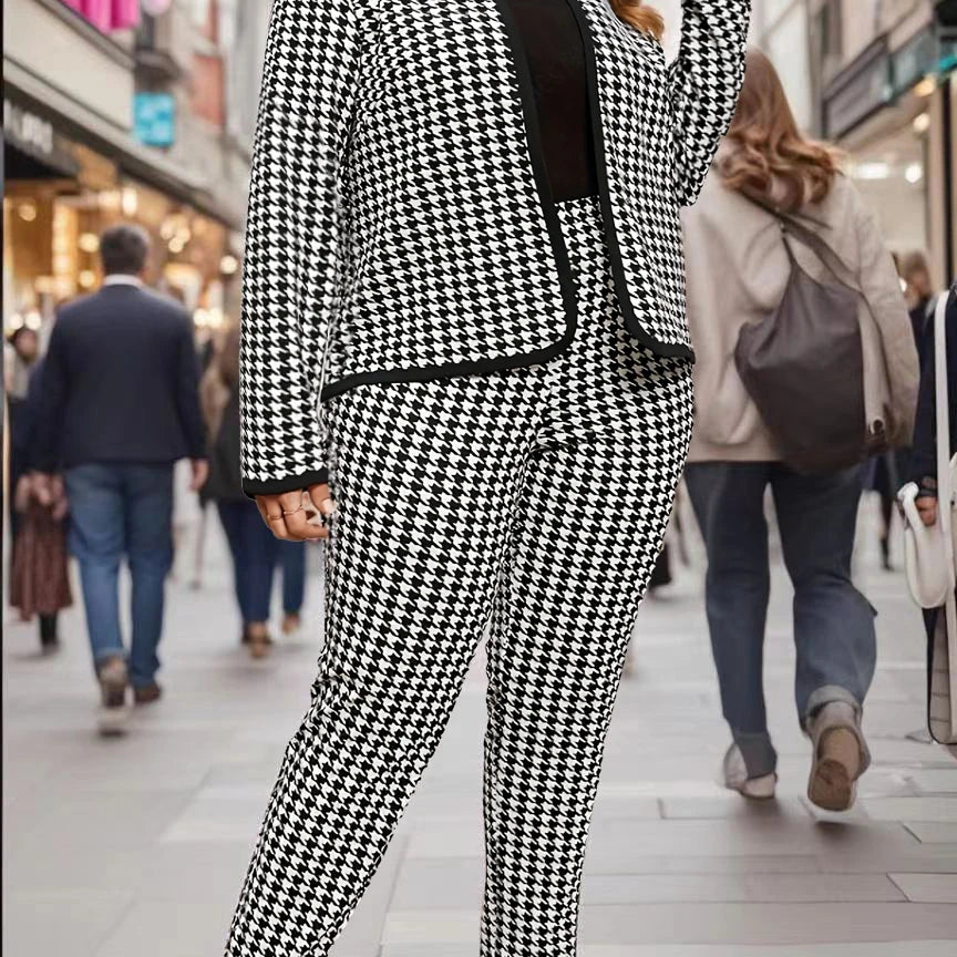Large size directional elegant and fashionable houndstooth round neck women's long pants set, casual and versatile spring and au