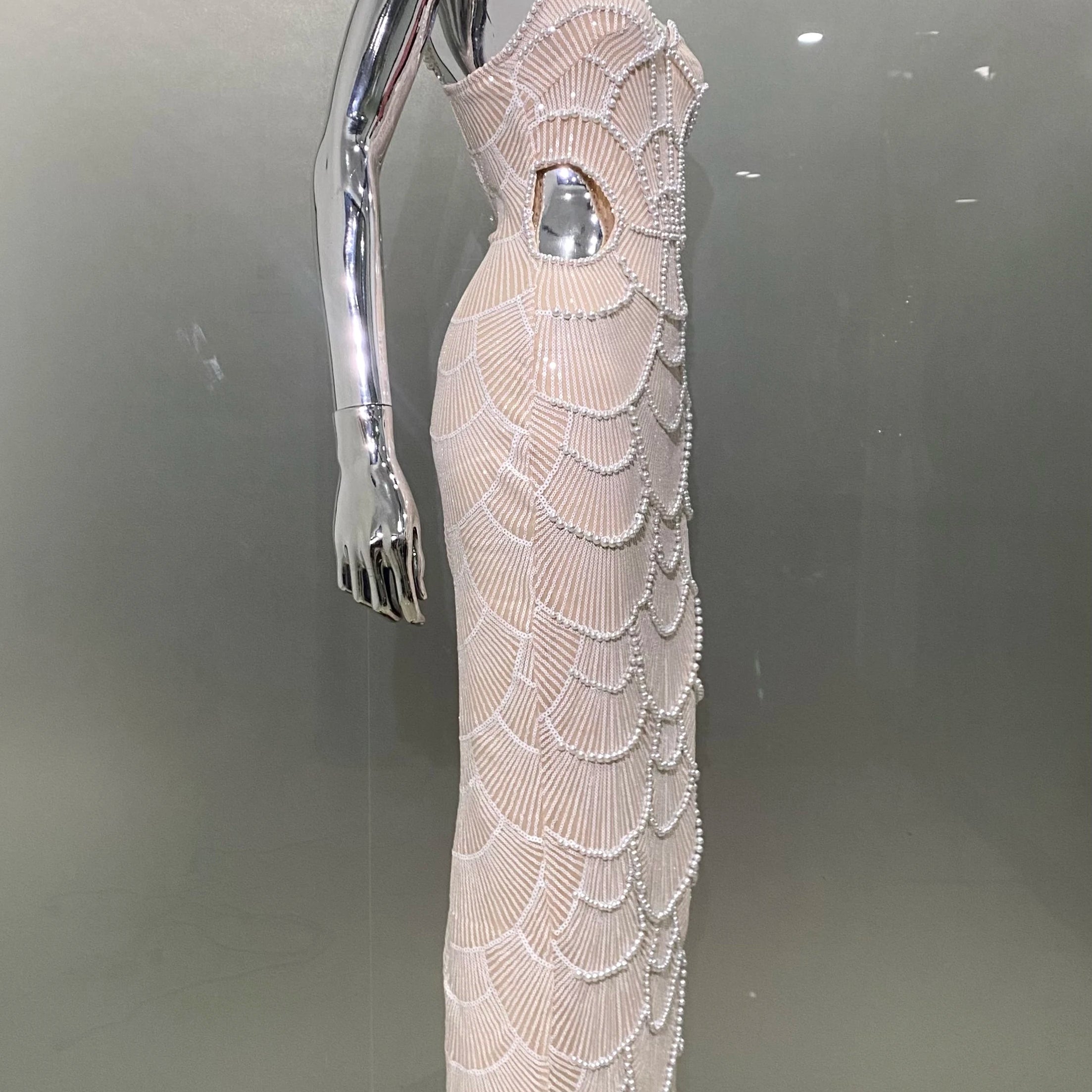 Women Sexy Pearl Beading Sequins Bodycon Mid-calf Dress Fashion Celebrate Evening Party Birthday Dress Wholesale