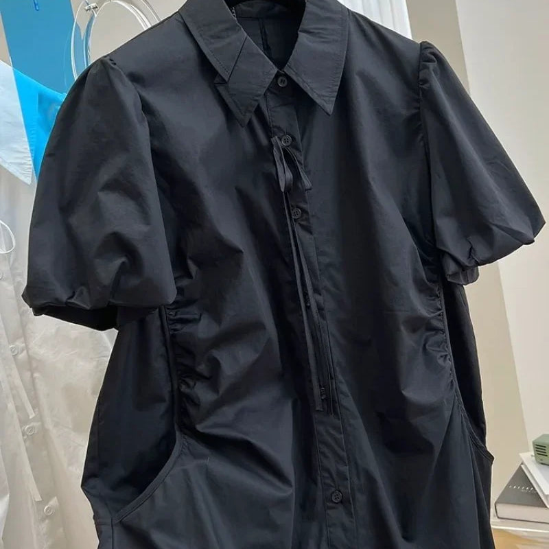 Loose Drawstring White Lantern Short Sleeve Shirt Dress Vestidos Elegantes Para Mujer Maxi Single Breasted Women es