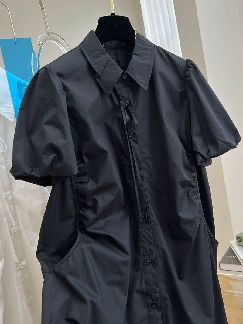 Loose Drawstring White Lantern Short Sleeve Shirt Dress Vestidos Elegantes Para Mujer Maxi Single Breasted Women es