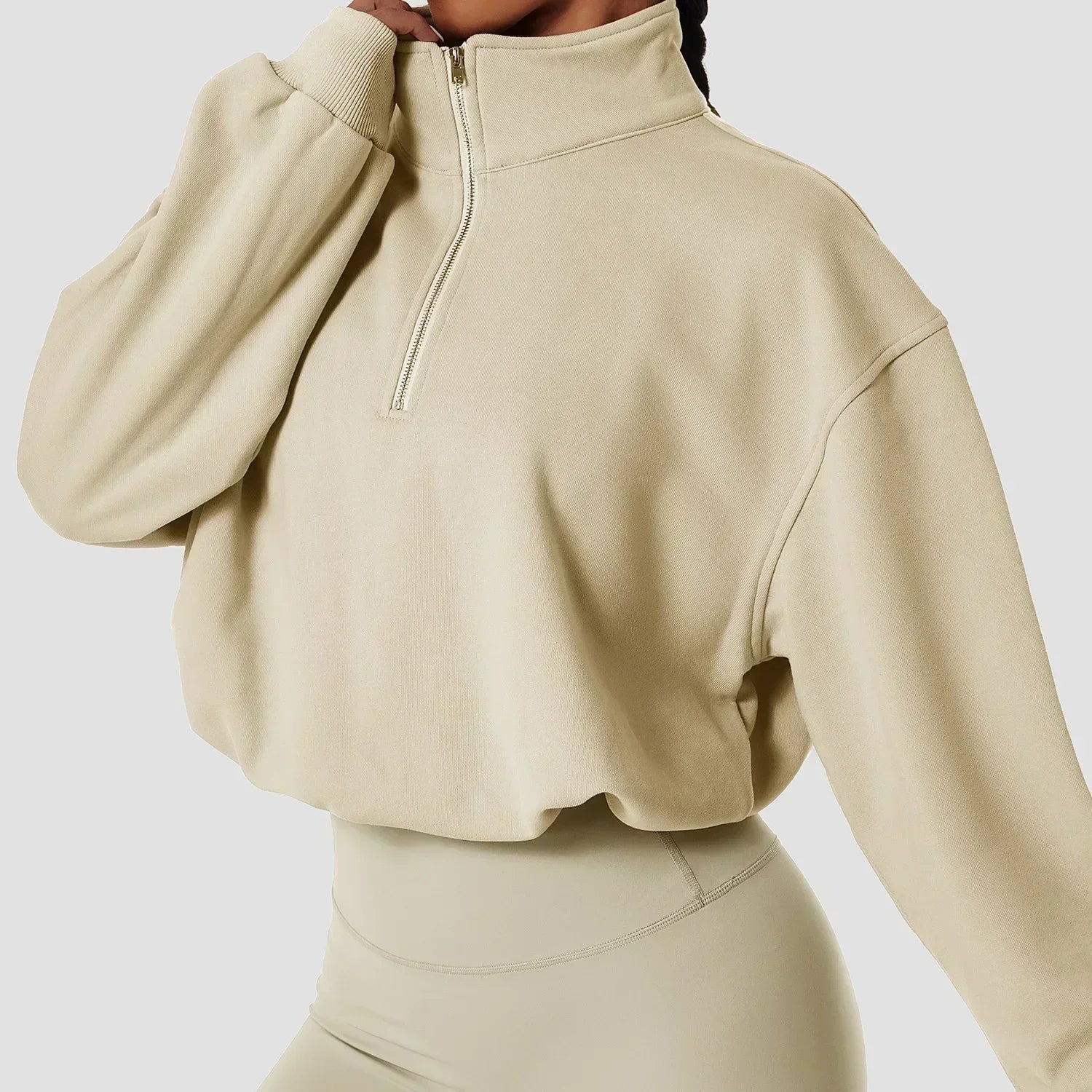 Yoga Pullover High Neck Fitness Sports Sweater Women's Running Rope Zipper Women's Loose Long sleeved Sweater Beige