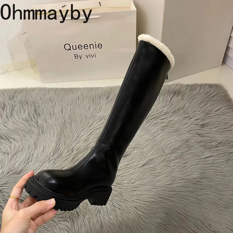 Winter Plush Women Knee High Boots Fashion Back Zippers Ladies Elegant Warm Cotton Long Booties Women's Footwear
