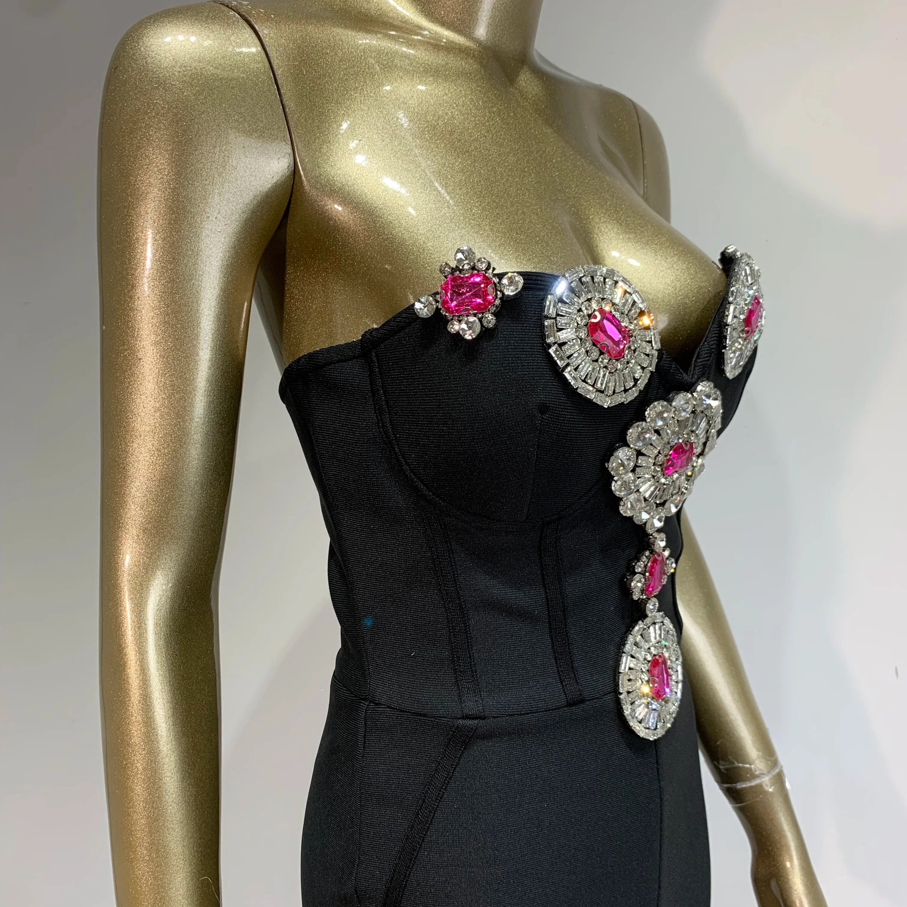 Women Luxury Sexy Strapless Backless Crystal Diamonds Black Bodycon Bandage Jumpsuit Celebrity Designer High Street Rompers