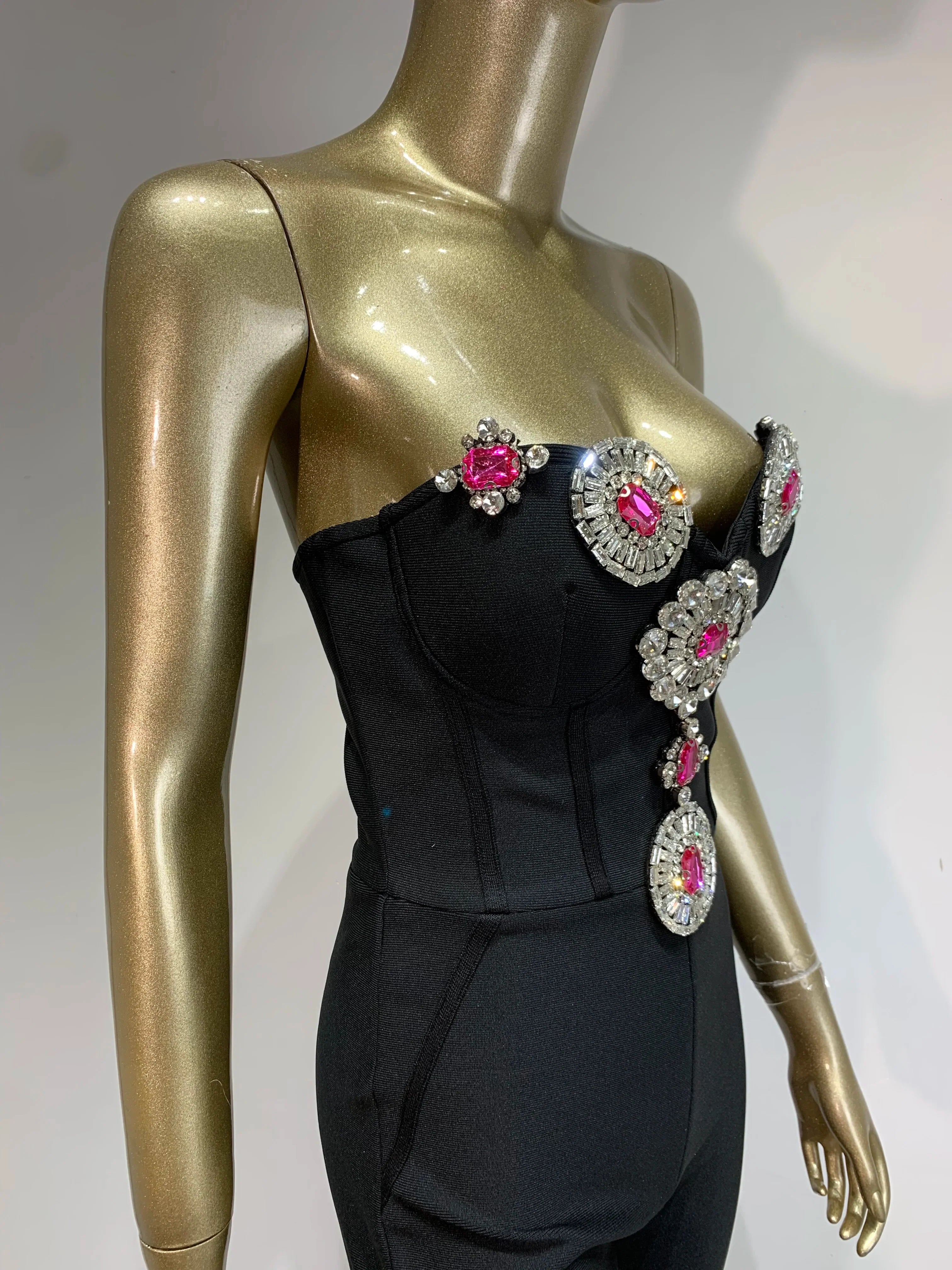 Women Luxury Sexy Strapless Backless Crystal Diamonds Black Bodycon Bandage Jumpsuit Celebrity Designer High Street Rompers