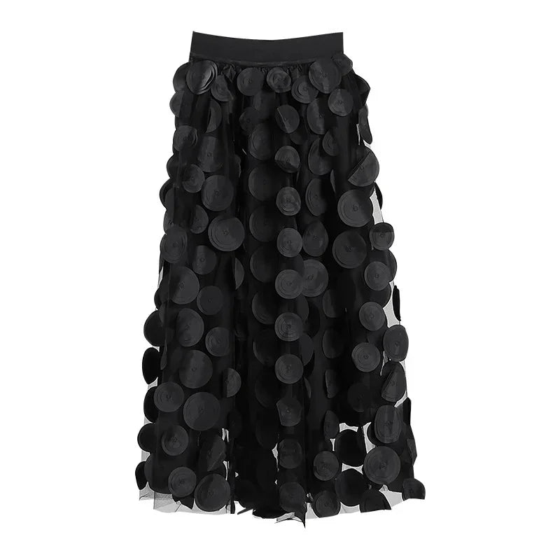 S-3XL Retro Goth 3D Design Polka Dot Tulle Mesh Skirts Womens Spring Summer High Waist Elastic Midi Long Tutu Skirts Female