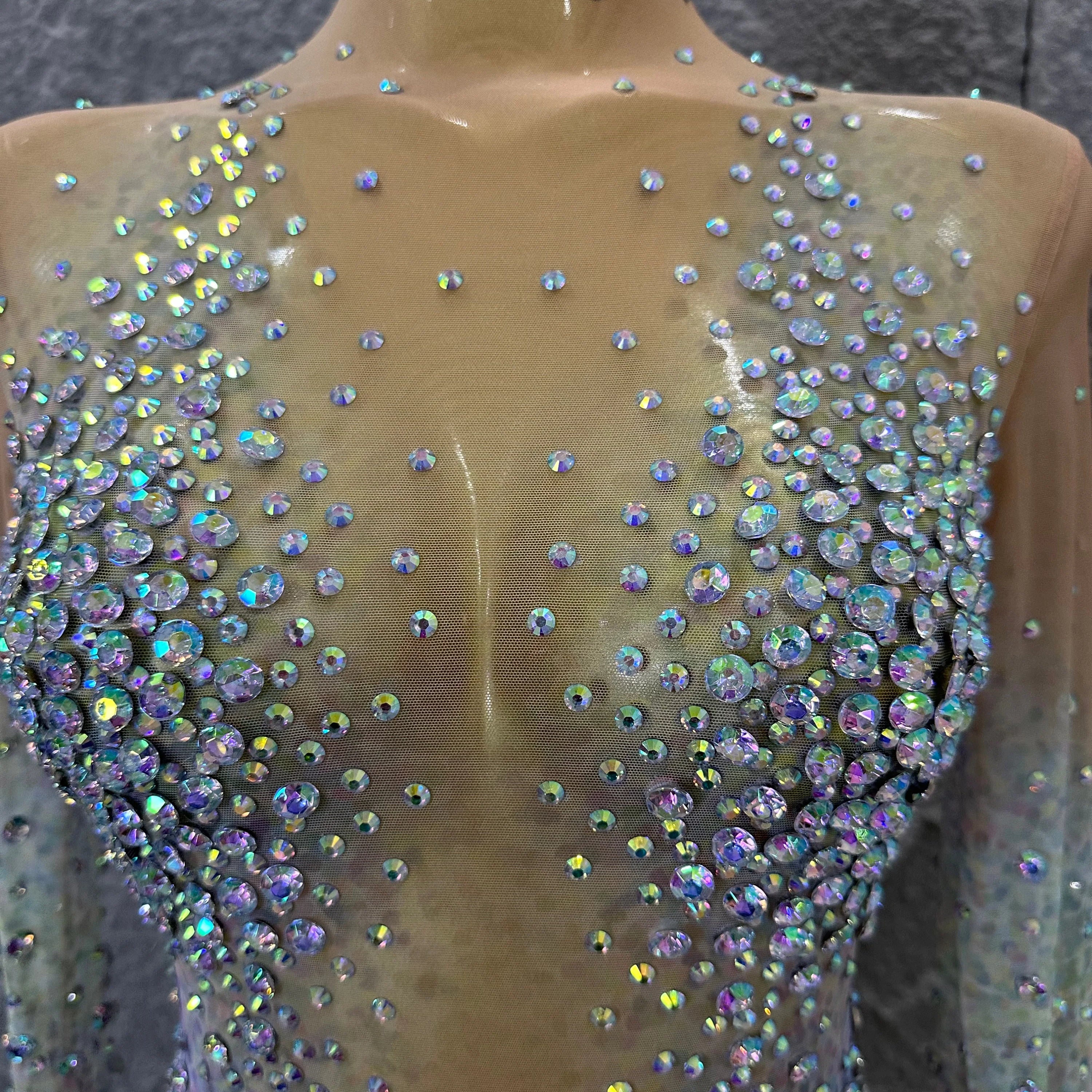 Opulent Nude Long Sleeve Dress Women Sheer Mesh Iridescent Rhinestone Fringe Embellished Latin Dance Performance Costume