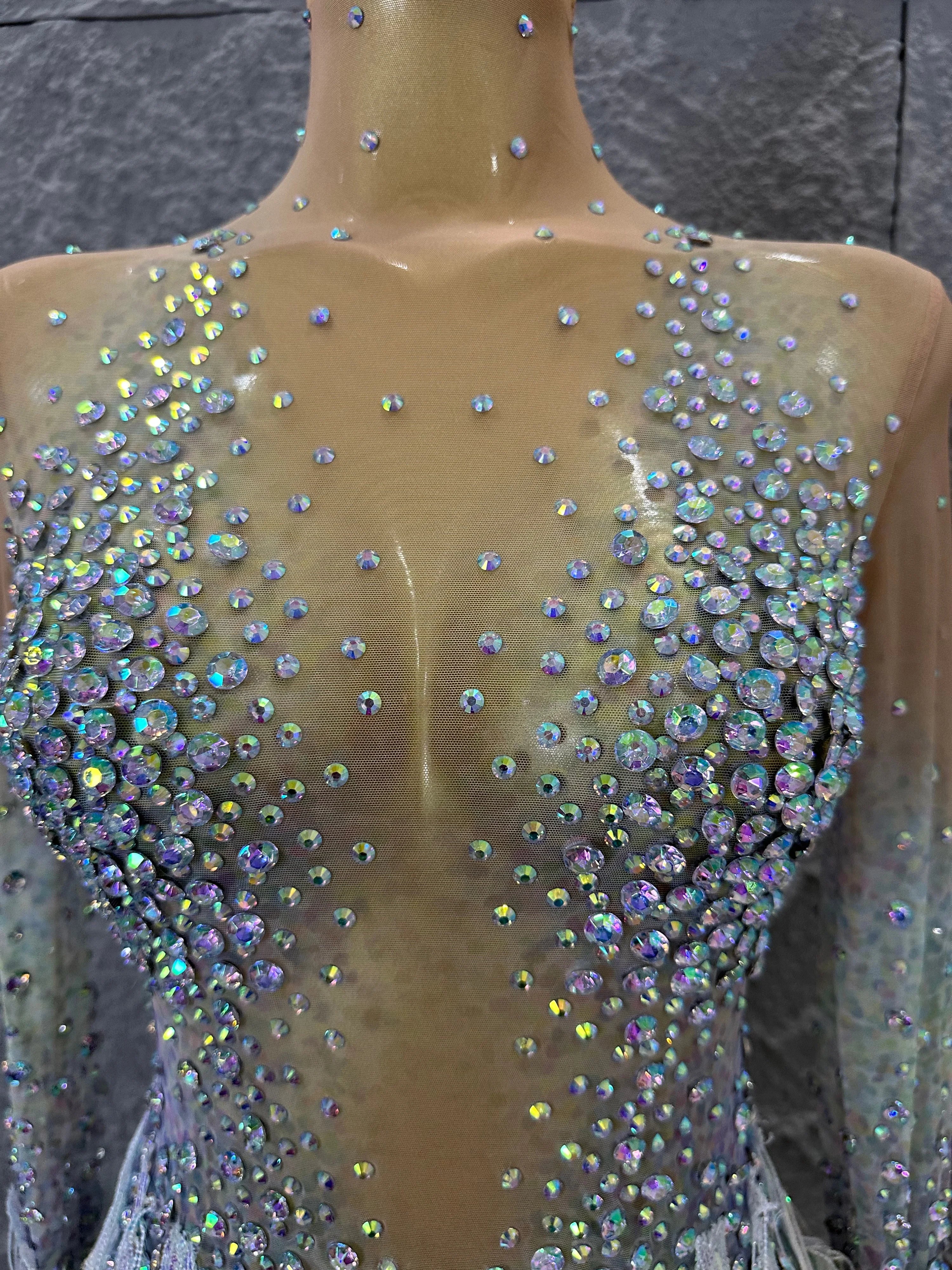 Opulent Nude Long Sleeve Dress Women Sheer Mesh Iridescent Rhinestone Fringe Embellished Latin Dance Performance Costume