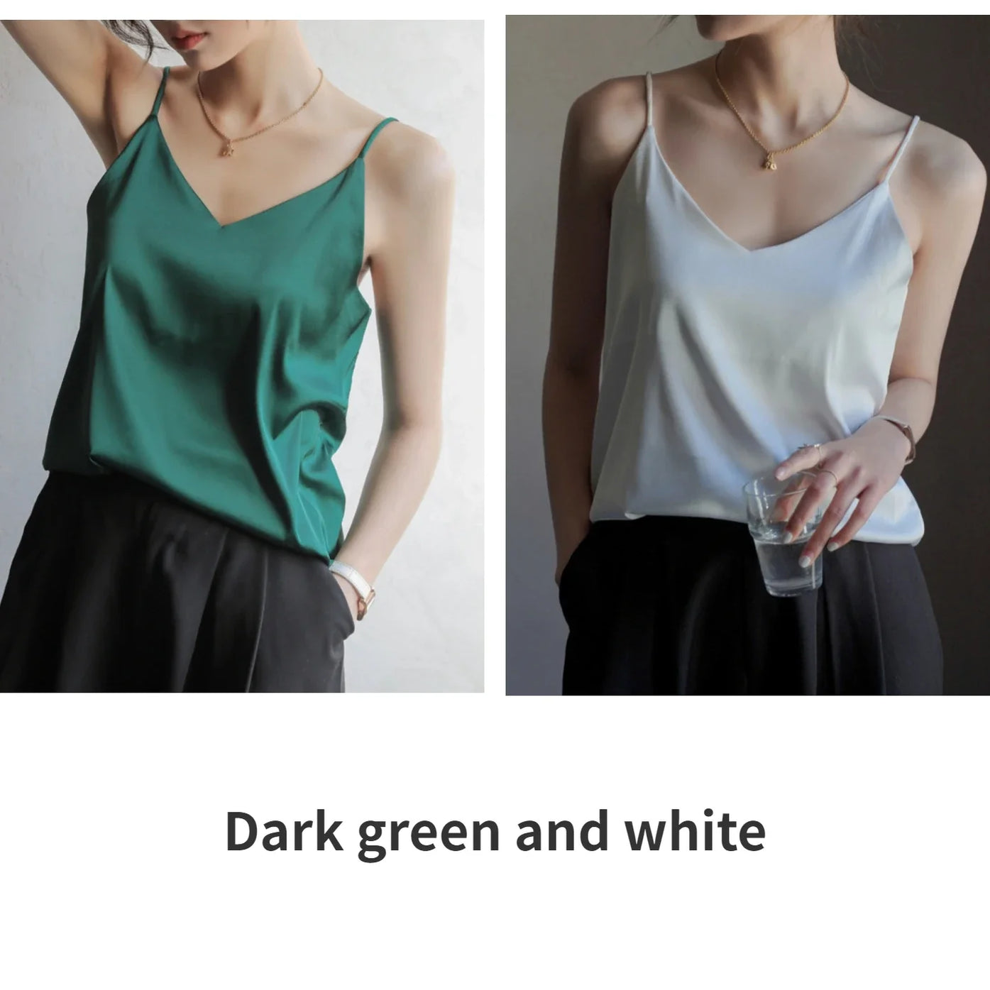 Grey Camisoles for Women Acetate SATIN Loose Summer Spaghetti Strap Tank Top Solid V-neck Fashion Sexy Backless Tanks & Camis Dark green and white
