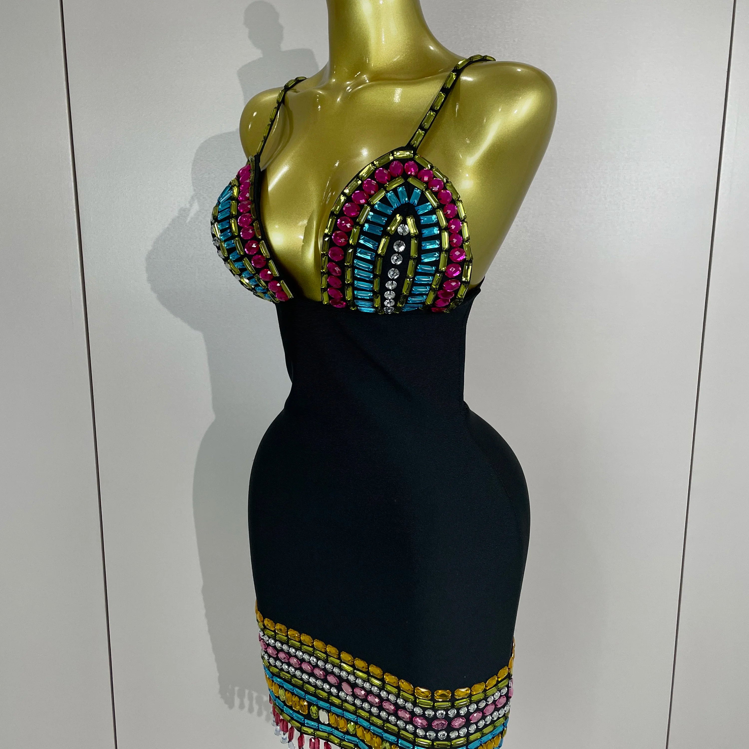 2025 Sparkly Colorful Diamonds V Neck Black Bodycon Bandage Dress Celebrity Elegant Evening Club Party Luxury Birthday Dresses