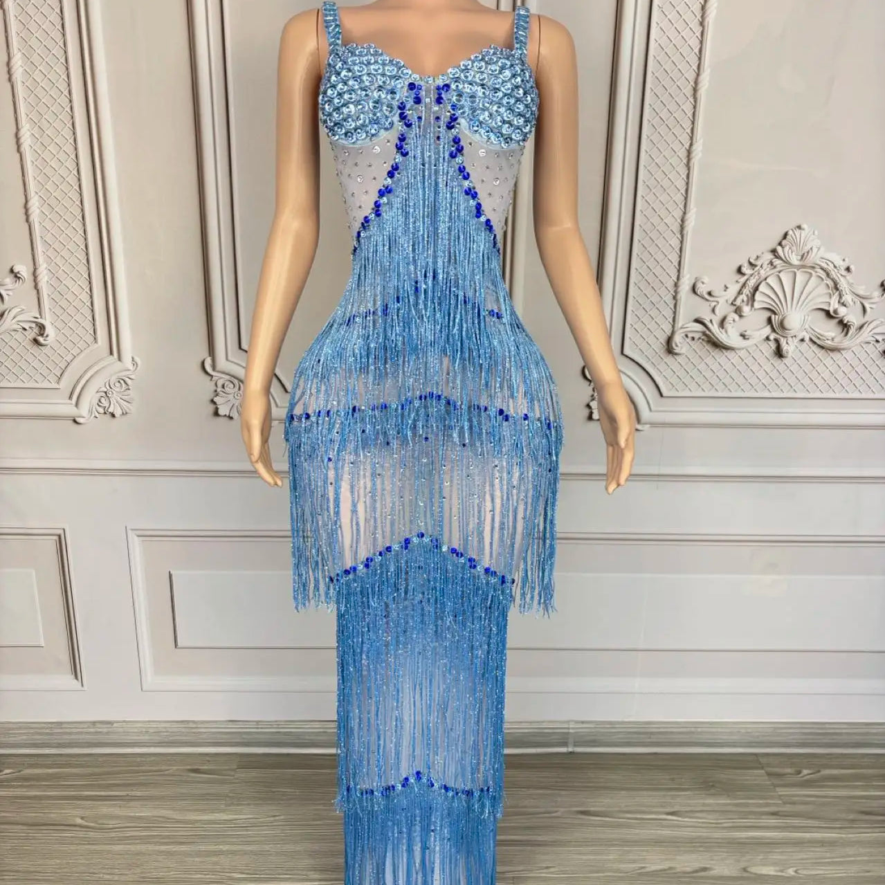 Sparkly Rhinestones Tassel Slip Long Dress Sexy Women Celebrate Prom Sheer Mesh Evening Dress Birthday Photo Shoot Wear lantian