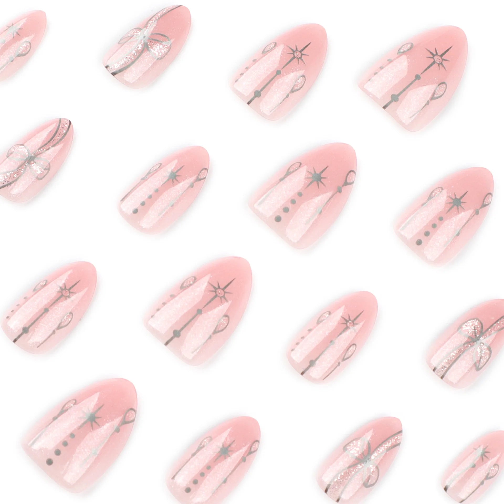 24pcs Short Almond Press on Nails Bohemia Bow Print Sweet Pink False Nail Tips Wearable Reusable Summer Simple French Fake Nails