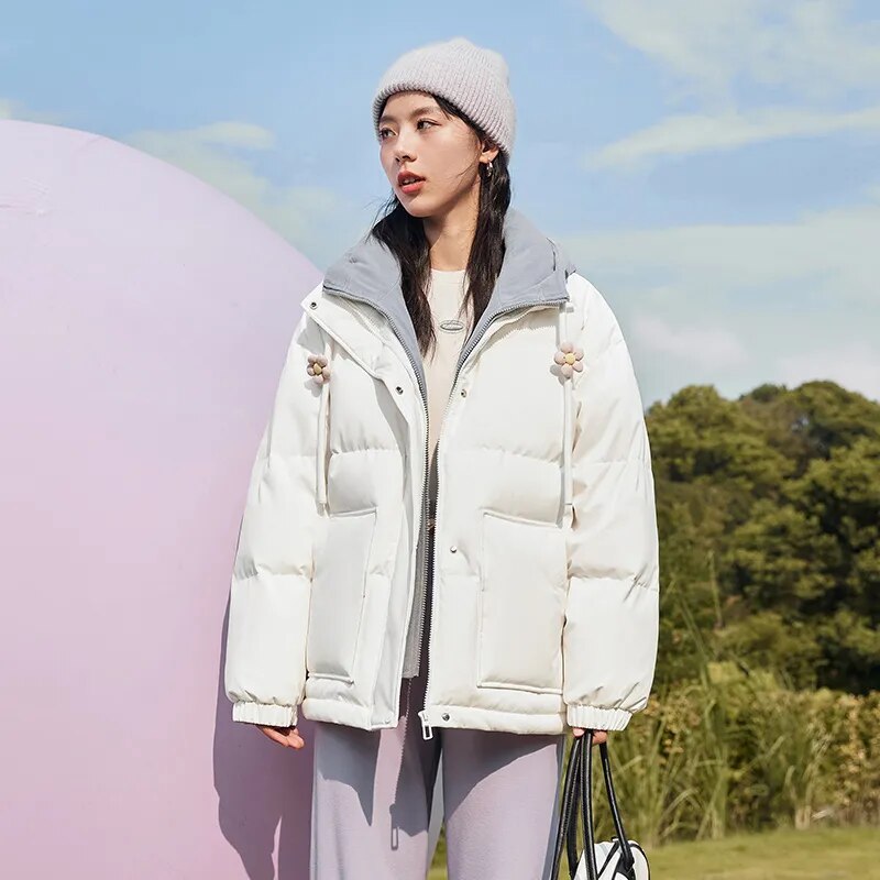 Semir Down Jacket Women Hooded Splicing Fake Two Winter New Oversize Flower Thick Coat Sweet white