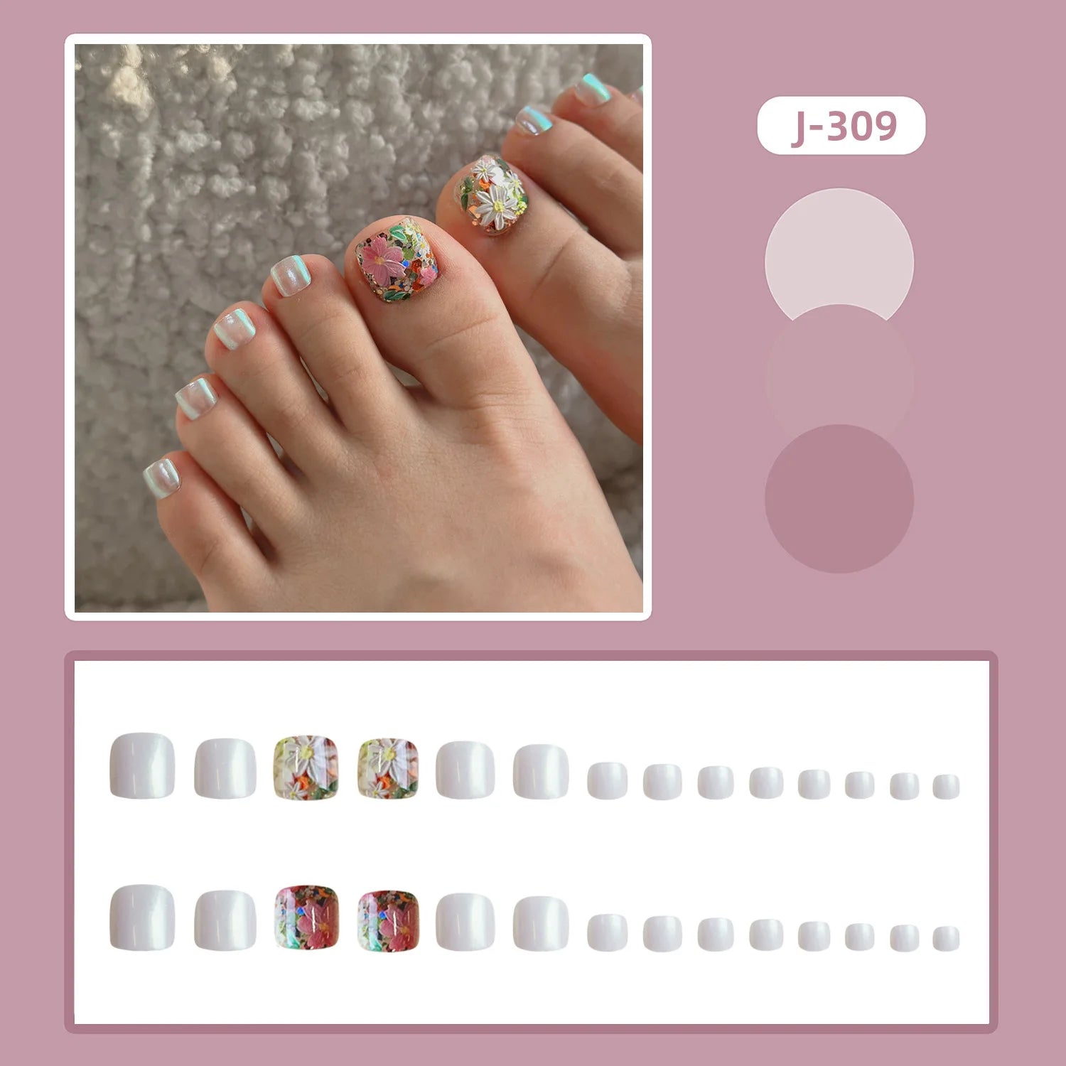 24pcs Flower Print Press on Toenails Summer Wearable False Toe Nails Wearable Spicy Girl Sweet Korean Style Fake Toenails 3